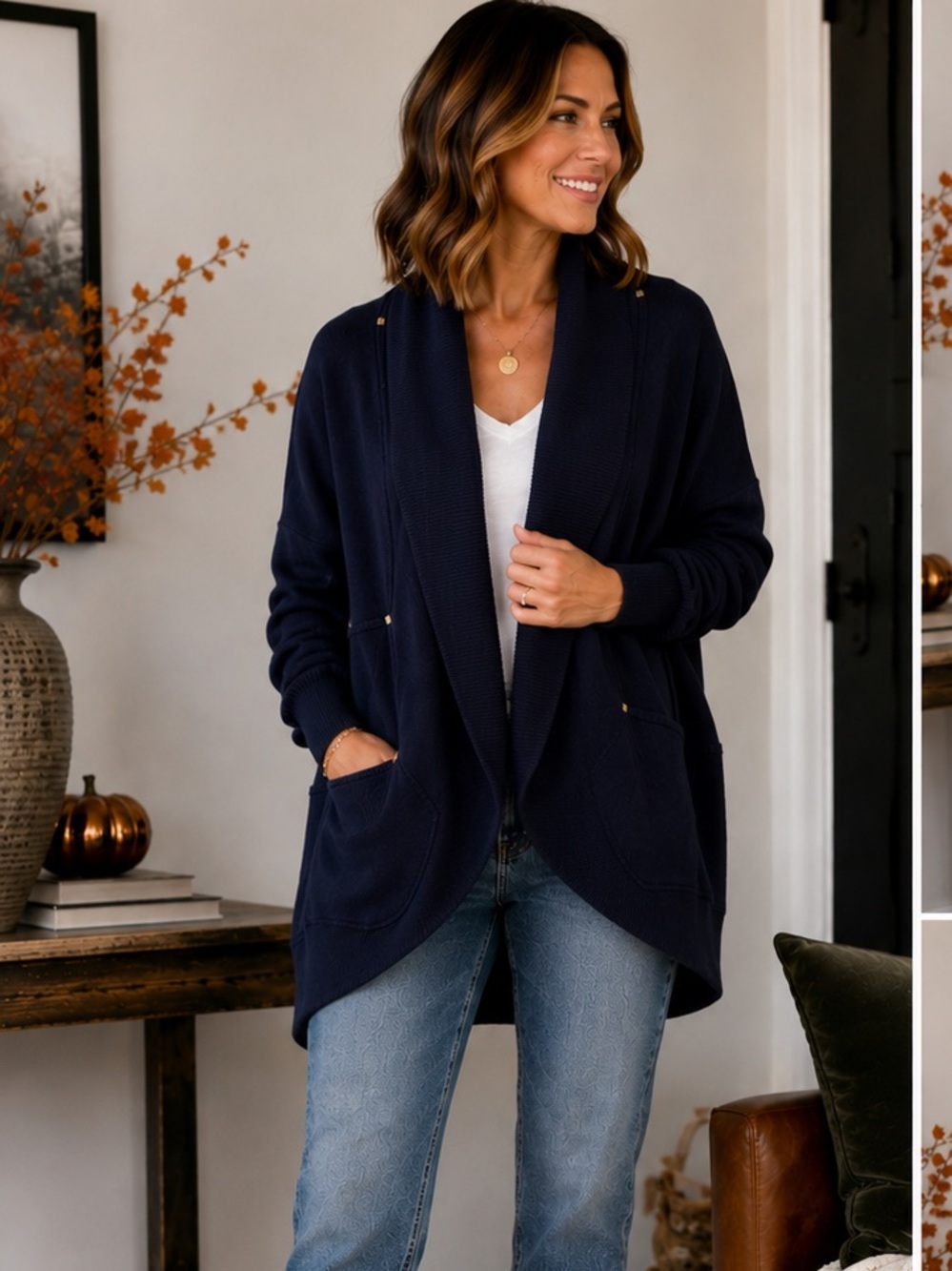 Wilfred by Aritzia Navy Ribbed Collar Cocoon Cardigan – Size Medium